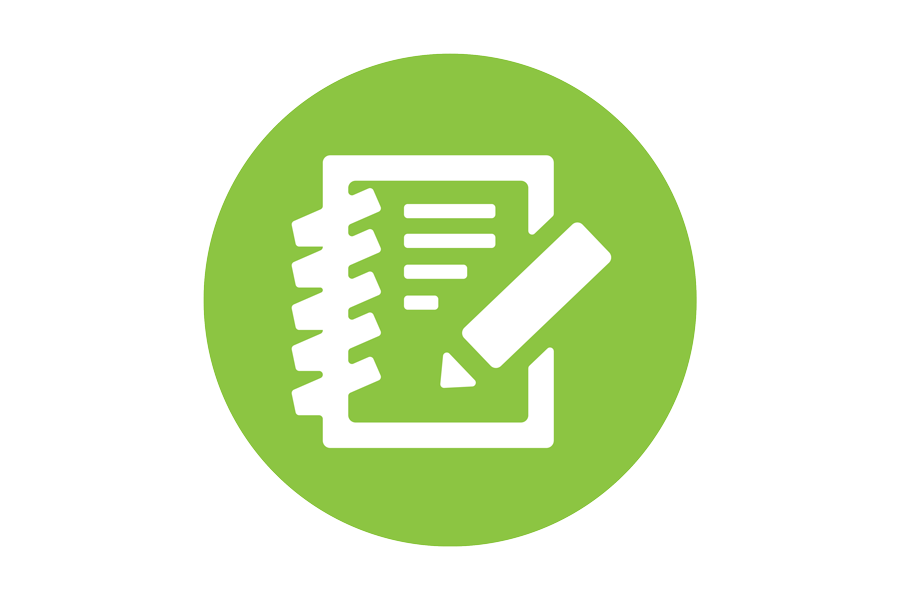 Icon of a notebook with a pencil showing a checklist on a green background