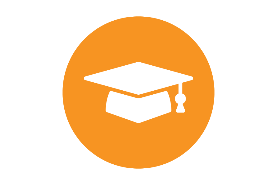 A circular orange icon with a picture of a graduation cap inside