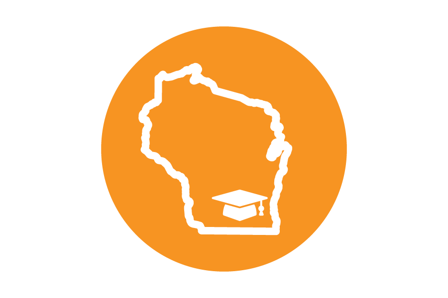 Orange icon with a white outline of Wisconsin and a graduation cap 