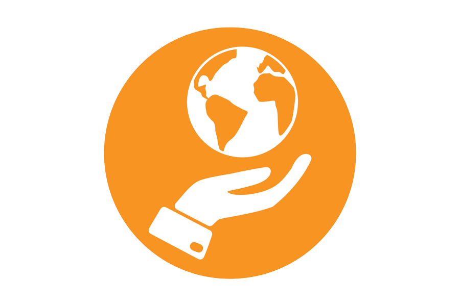Icon of a hand holding the planet Earth.
