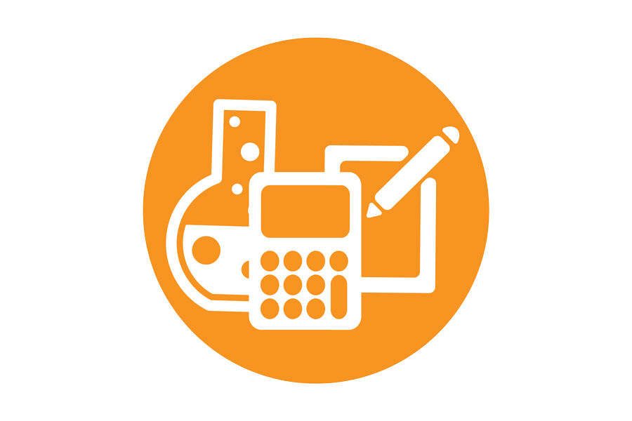 circular orange icon with a calculator, pen and pencil, and beaker