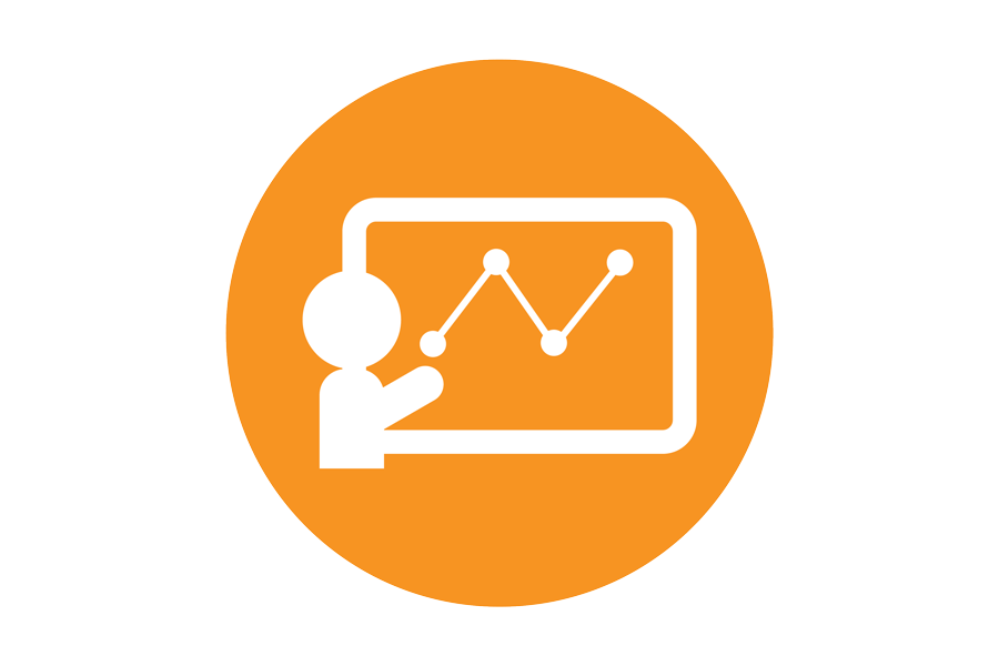 Circular orange icon with a person presenting data in a line graph