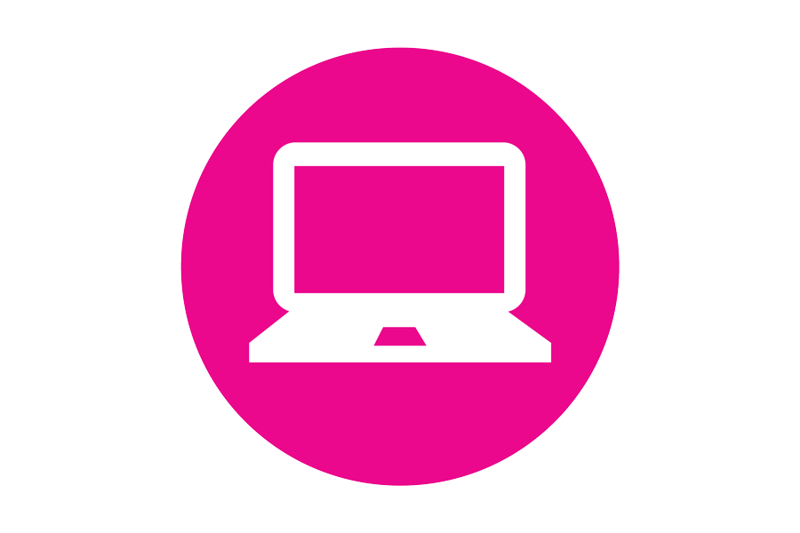 Icon of a white laptop on a pink background.