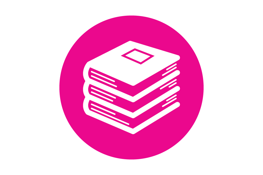 Circular pink icon with an image of a stack of books