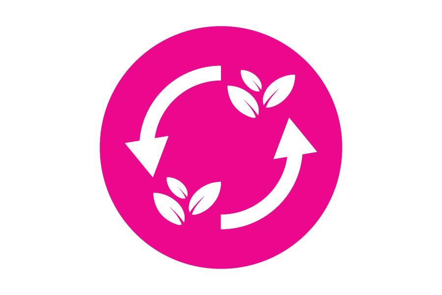 Icon of leafs and arrows on a pink background.