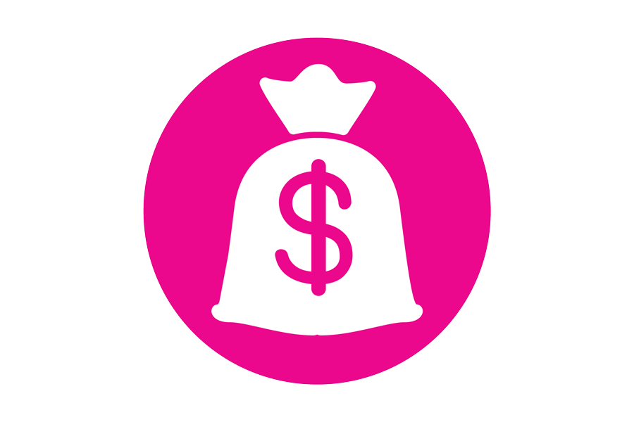 Circular, pink icon with a picture of a bag and a dollar sign on it