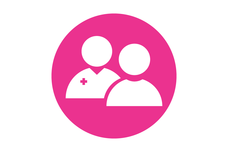 Circular pink icon with two people, one standing behind the other with a medical logo on their shirt.