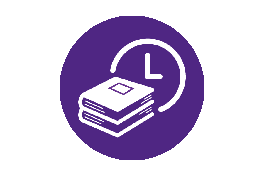 Icon of a stack of books and a clock on a purple background.