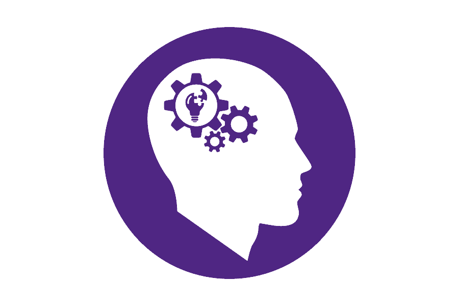 Icon of a person's head with gears turning on a purple background.