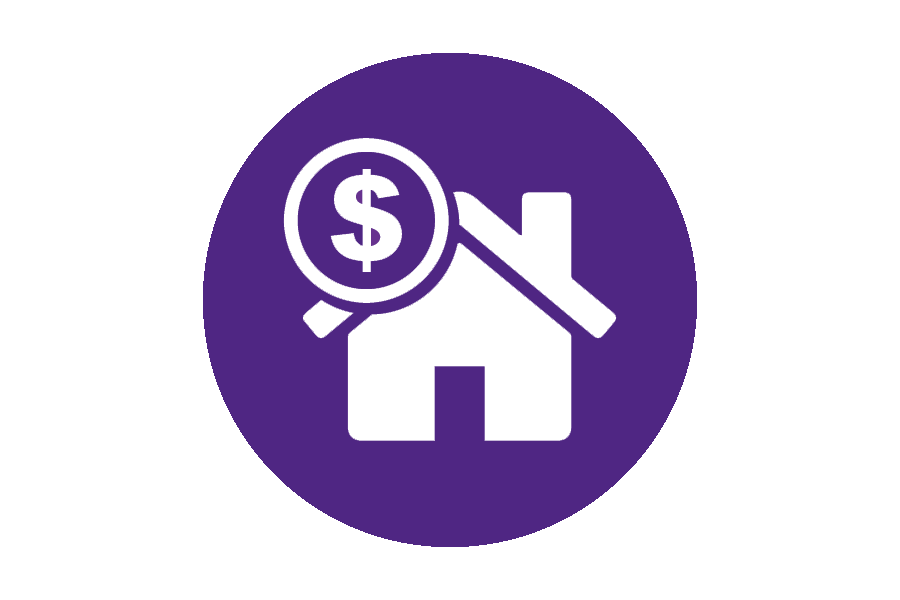 An icon of a house and a dollar sign on a purple background.