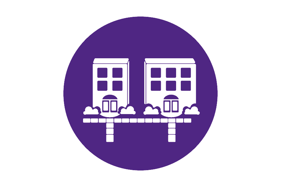 Icon of two smaller buildings with sidewalks on a purple background.