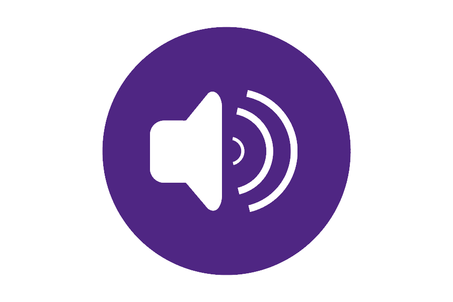 Graphic of a white speaker on a purple background.