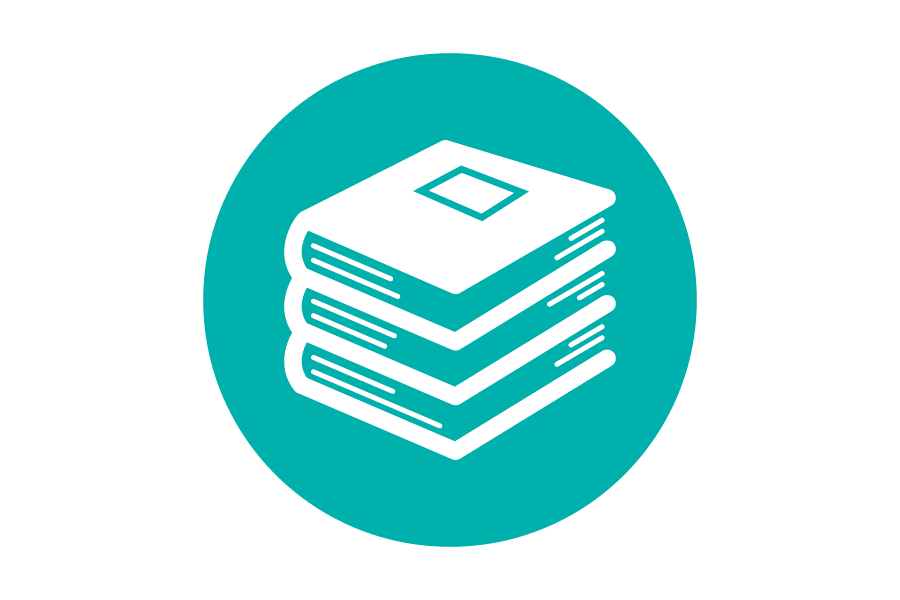 Circular teal icon with a stack of books inside it