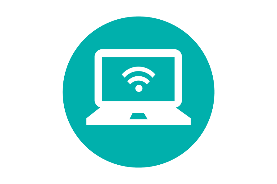 teal icon with a picture of a laptop with the symbol for wifi on the screen.