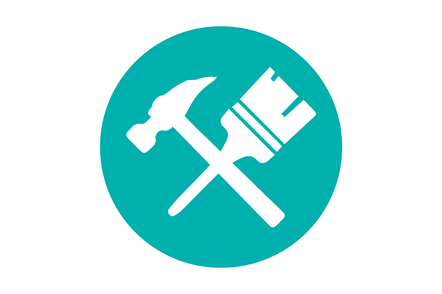 White graphic of a paint brush and hammer on a teal background.