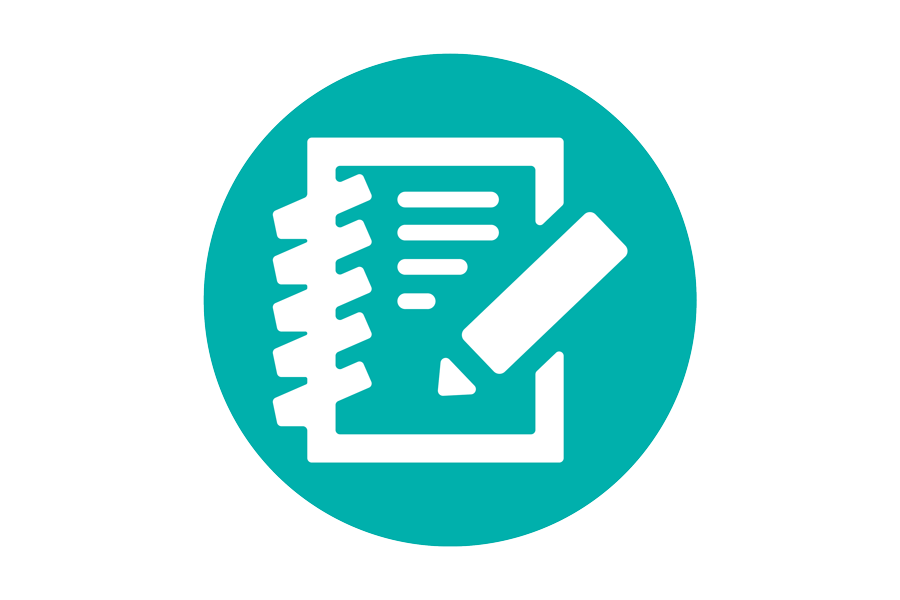 Circular teal icon with notebook and pen in it