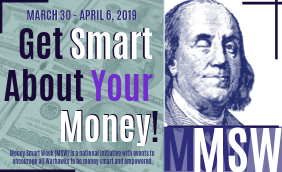 Money Smart Week poster featuring a winking Benjamin Franklin and the text 'Get Smart About Your Money!'