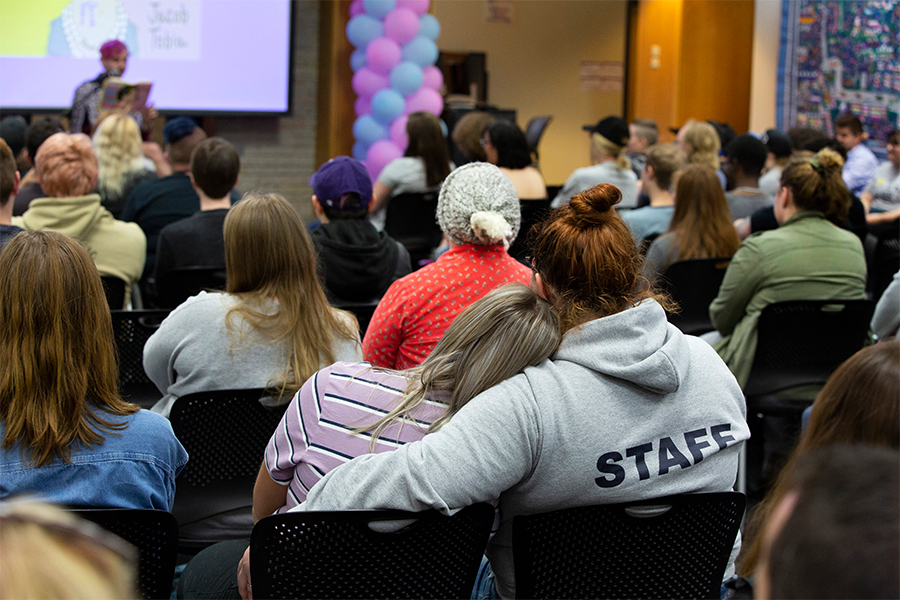Audience members listen as author and producer Jacob Tobia in the University Center at UW-Whitewater.
