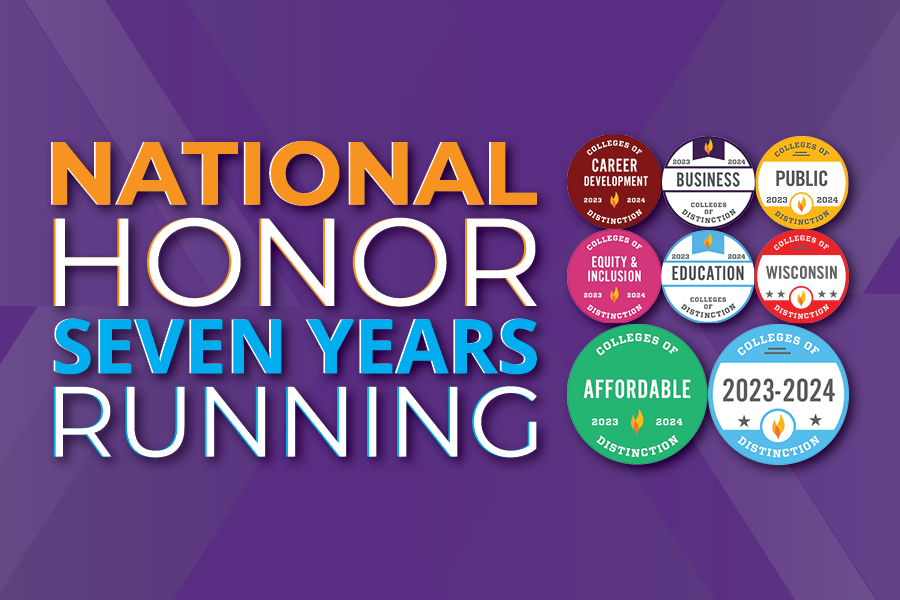 Purple graphic says National Honor Seven Years Running with the College of Distinction badges on the right side.