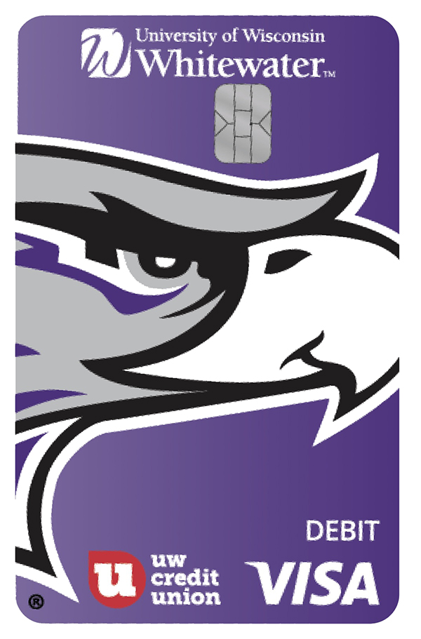 A graphic shows a purple debit card with the UW-Whitewater hawk head.