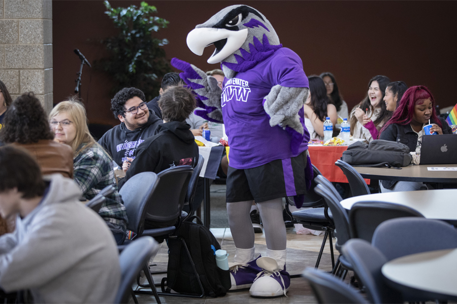 Willie Warhawk interacts with a crowd of people.