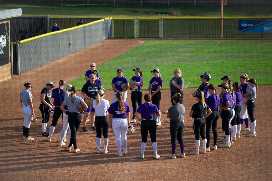 Softball athletes stand in a circle.