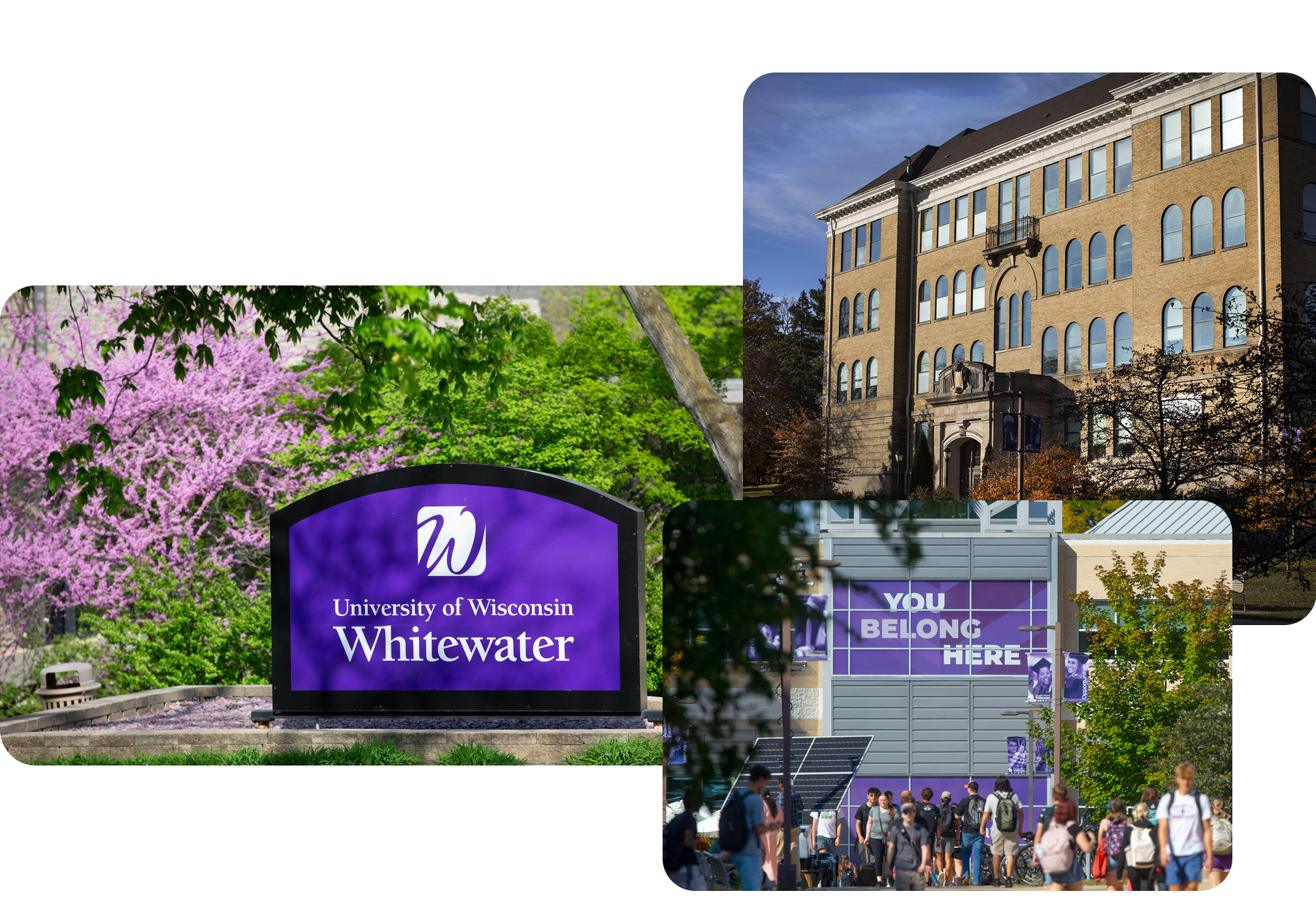 Collage of Hyer Hall, UW-Whitewater sign, and students walking in front of the UC.