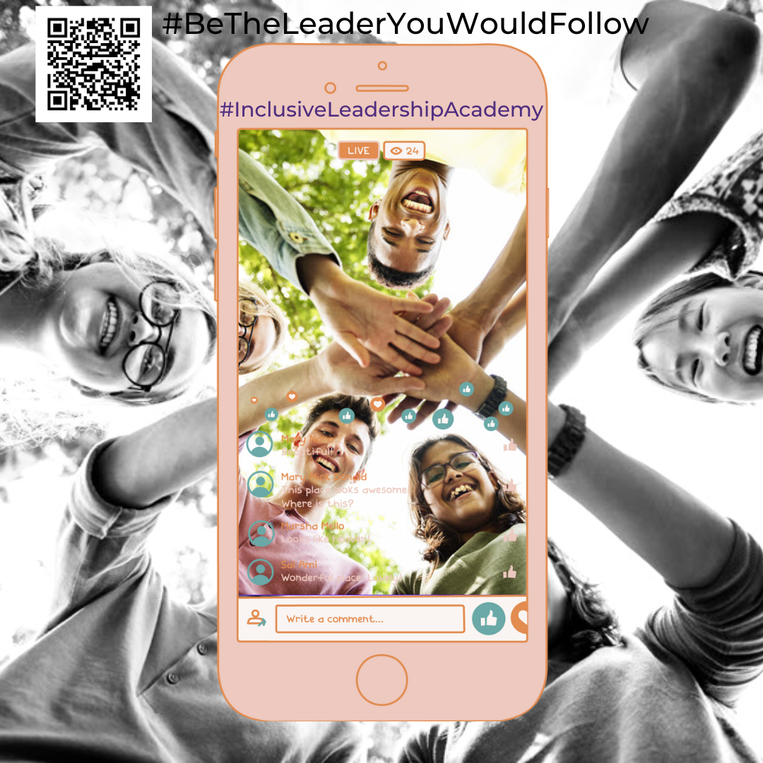 Be The Leader You Would Follow, Kids putting their hands in the middle, phone graphic, hashtag and QR code