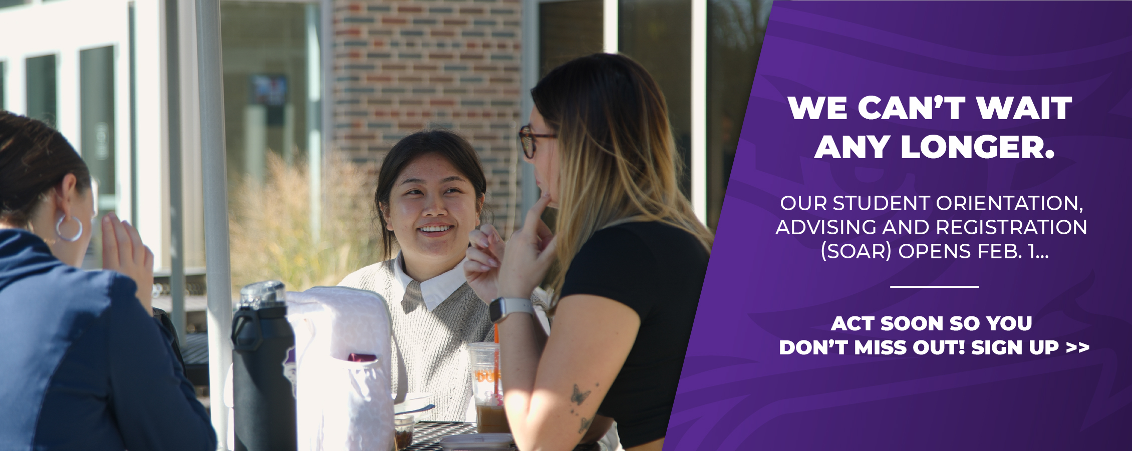 Students converse at a table and words that say student orientation advising and registration opens Feb. 1.