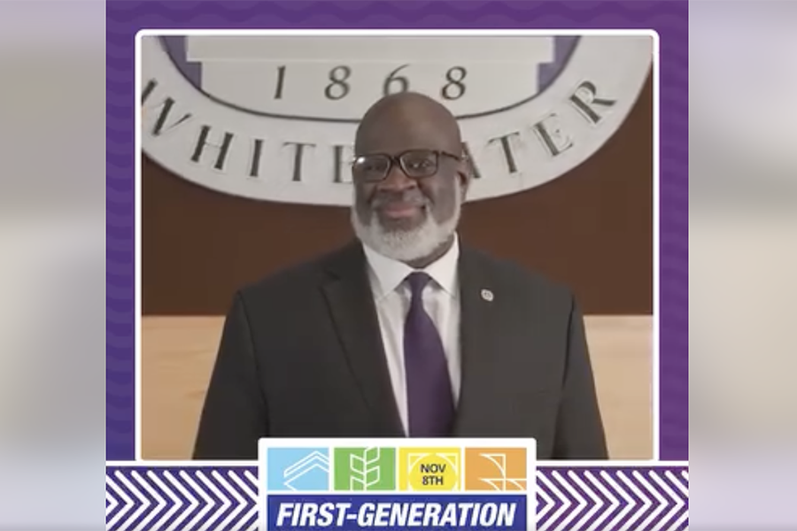 A photo of Chancellor King with a graphic that says first generation.