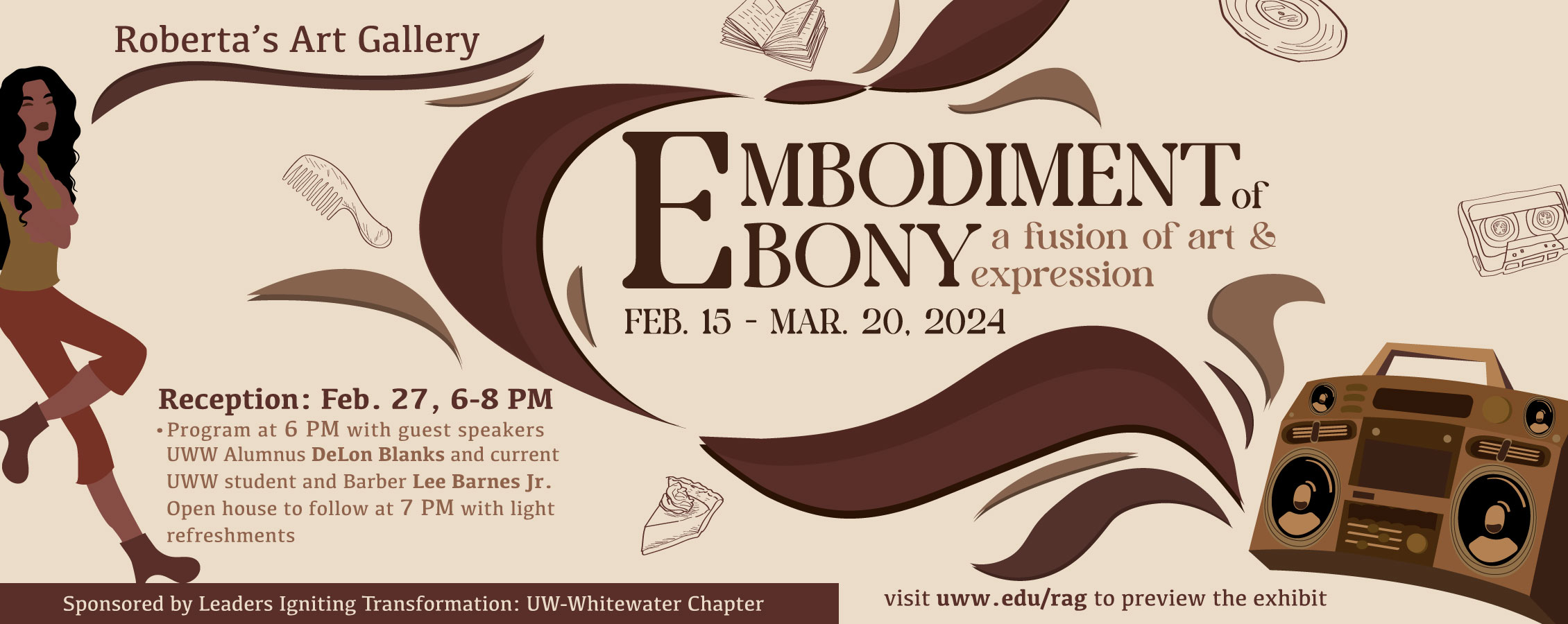 Embodiment of Ebony header image with explanation of the exhibit and drawing of a person