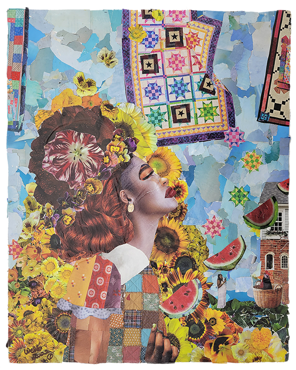 Collage image of a woman with multiple colorful other items like quilts and watermelon.