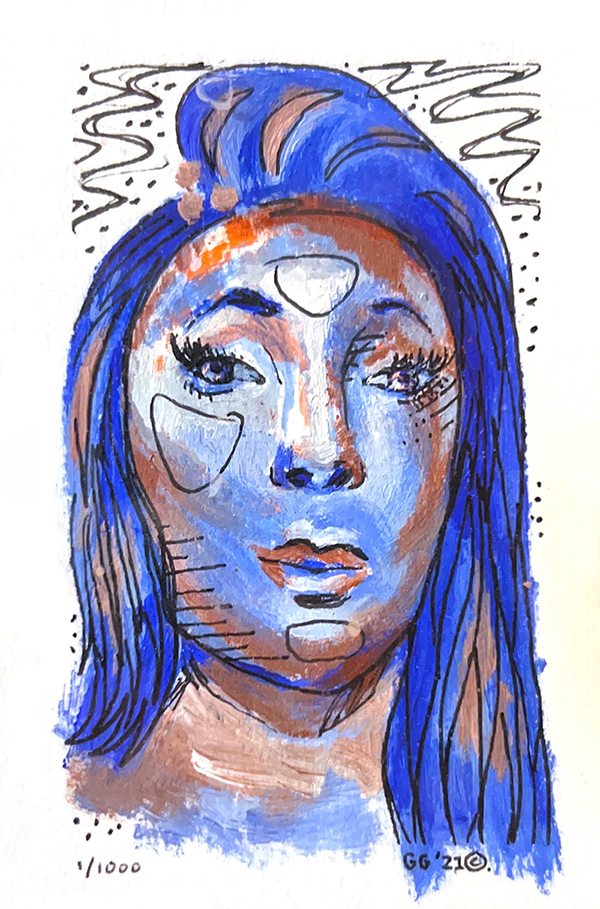Abstract painting of a woman with blue skin and hair