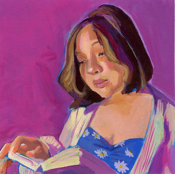 Painting of a woman with brown hair and a blue dress reading a book in front of a purple background