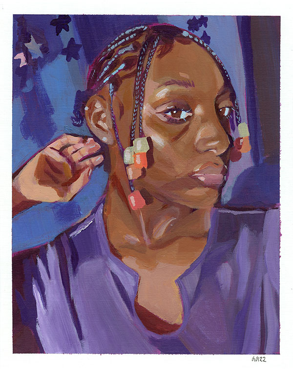 Image of a painting of a woman in a purple shirt