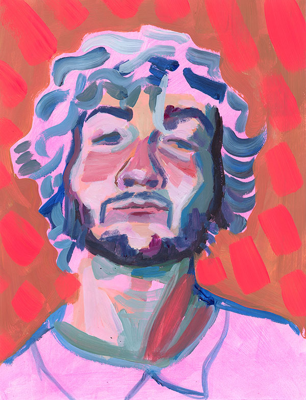 Abstract painting of a man with a purple beard, pink hair, a pink shirt and a red background