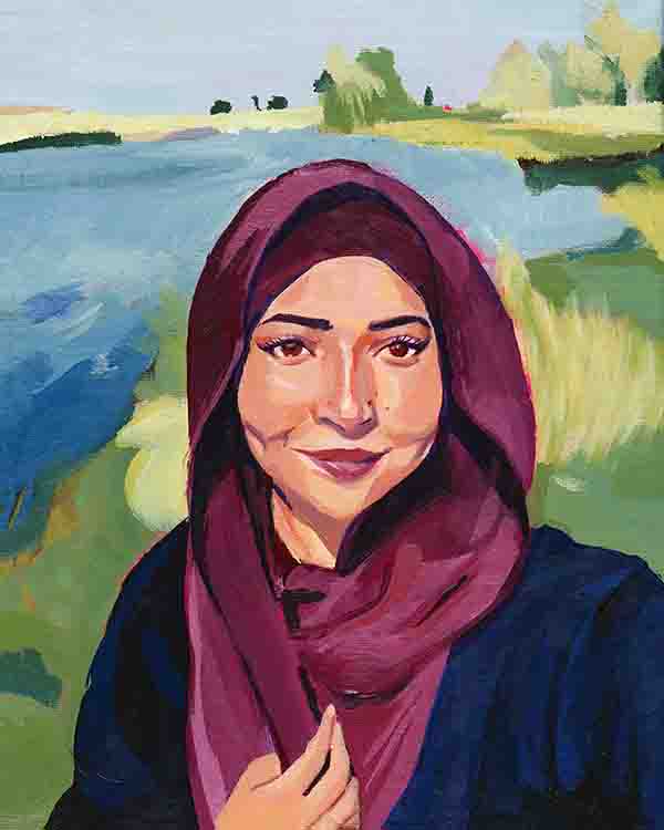 A painting of a woman with a purple covering over her head in front of a lake with green grass around it.