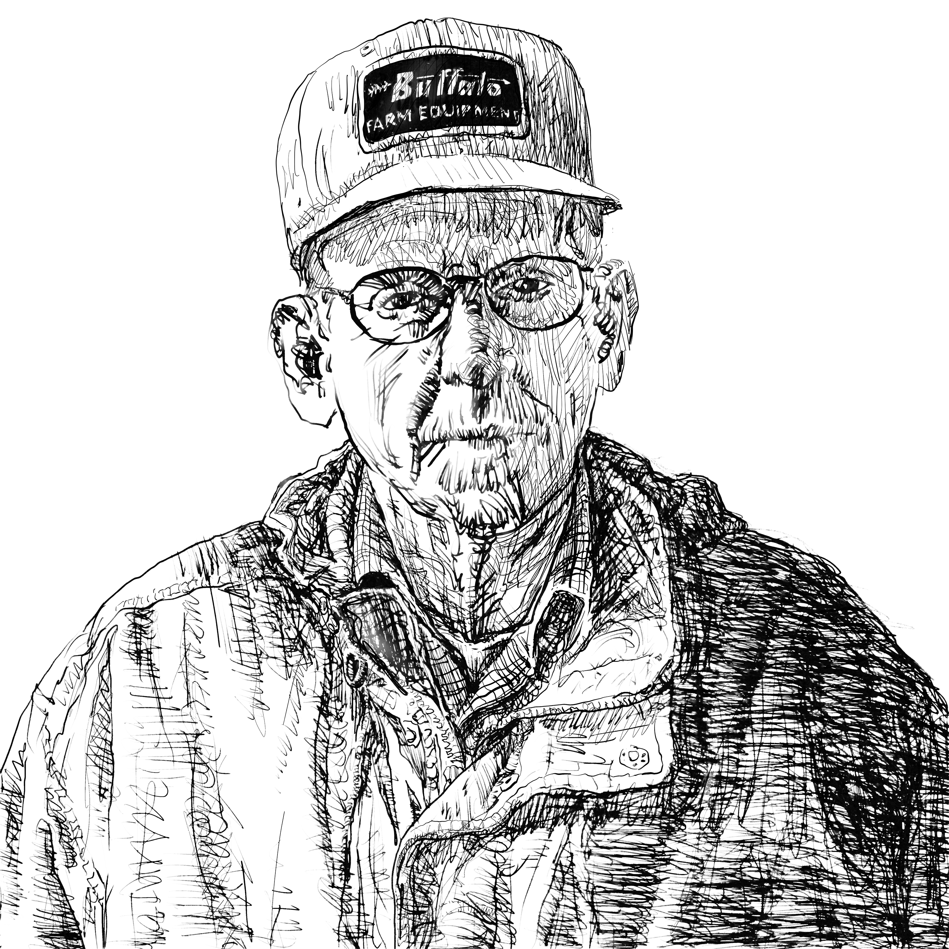 Digital drawing of an older man with glasses wearing a winter coat and a baseball cap