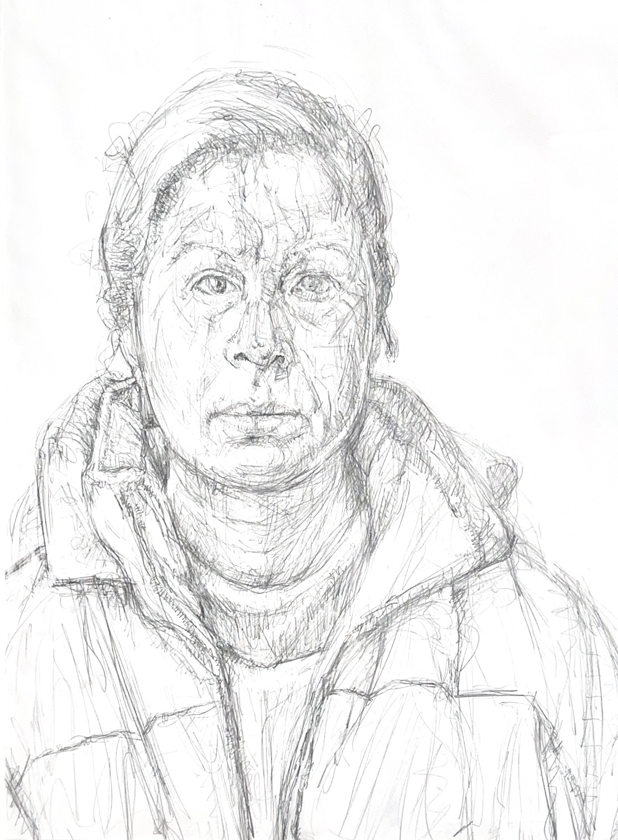 Pencil drawing sketch of a woman wearing a winter coat