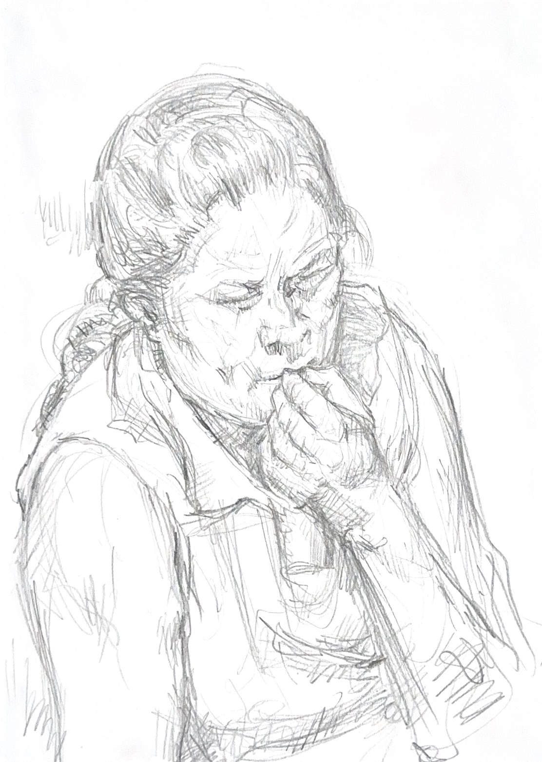 Pencil drawing of a woman wearing a sleeveless button-down shirt with long hair