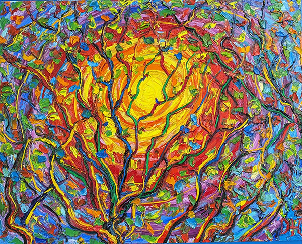 A painting of tree branches in front of a yellow, orange, and red sun.