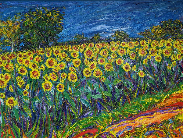 A painting of a field of sunflowers with trees and a blue sky in the background