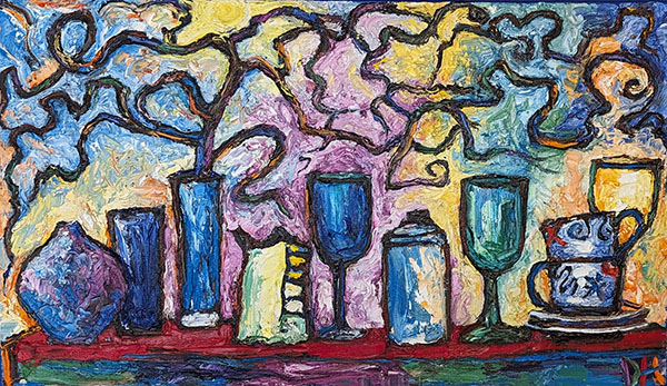 Painting of colorful cups, mugs, and glasses with a painting of a willow tree in the background