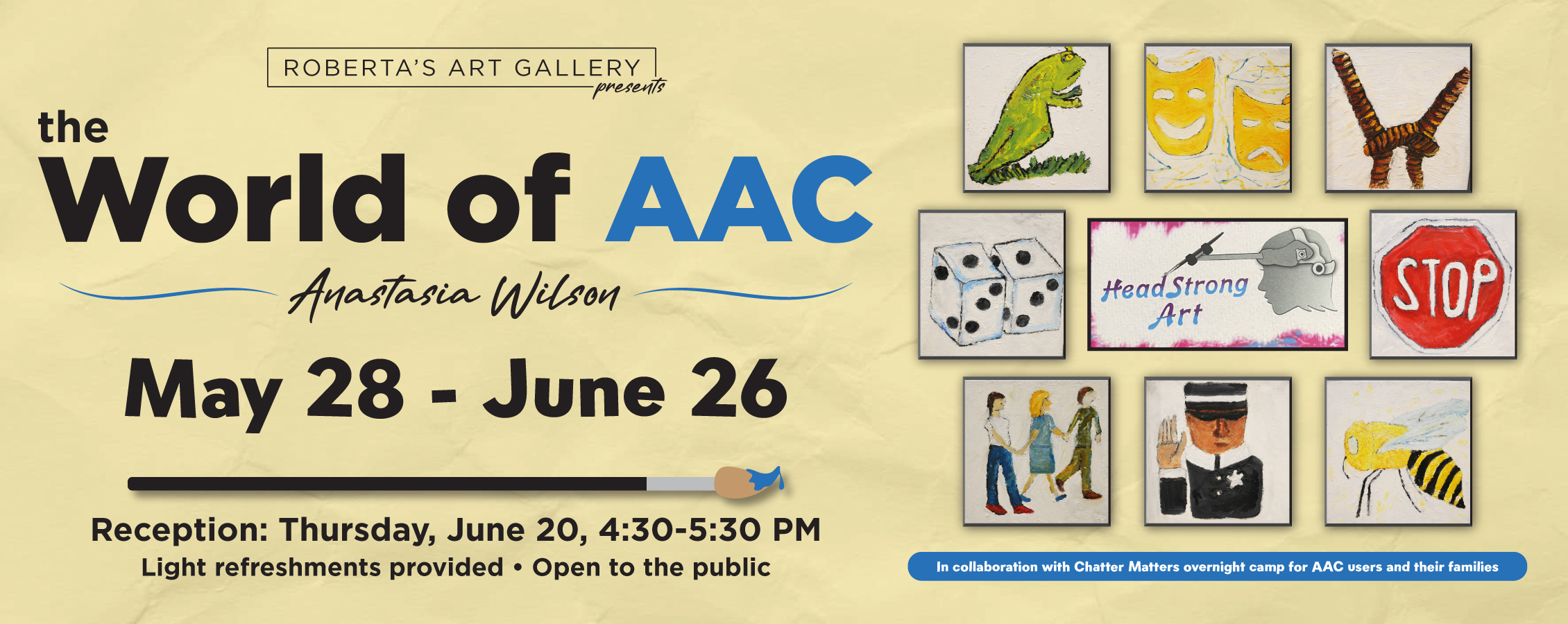 Header image with multiple images on a yellow background with the title "World of AAC" and exhibit dates from May 28-June 26